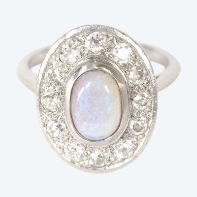 Bague Art Deco opale diamants en platine, bague de fiançailles, mariage, opale arlequin, cabochon