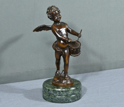 Putto in bronzo con tamburello, firmato A.Moreau – fine XIX secolo