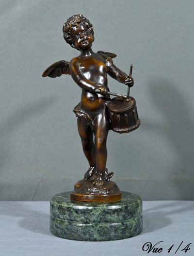 Putto in bronzo con tamburello, firmato A.Moreau – fine XIX secolo