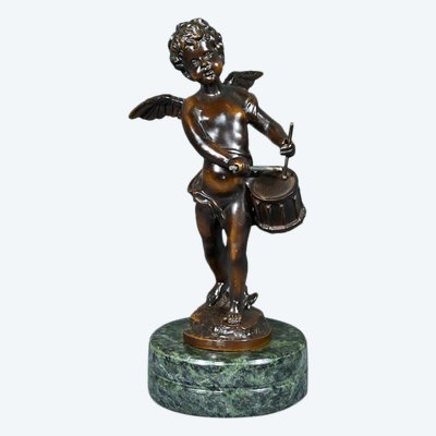 Putto in bronzo con tamburello, firmato A.Moreau – fine XIX secolo