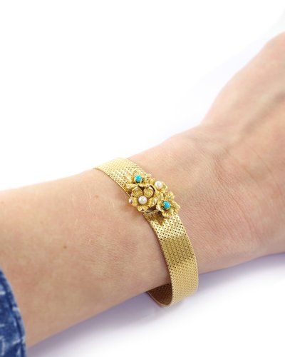 Bracciale con fiori turchesi e perline in oro 18k, cabochon di turchese, fiori, bracciale usato e trasformato