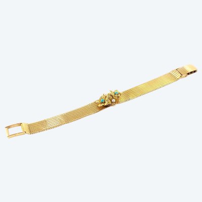 Bracciale con fiori turchesi e perline in oro 18k, cabochon di turchese, fiori, bracciale usato e trasformato