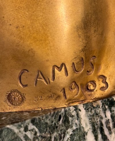 J.-M. CAMUS Large bust of a child in gilded and patinated bronze.