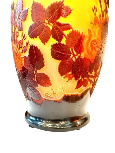 Emile Gallé Large Art Nouveau Vase "With Roses"