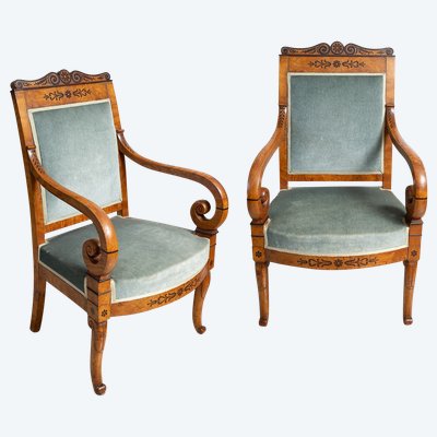 Pair of antique Charles X armchairs in elm burl and amaranth. France, 19th century.