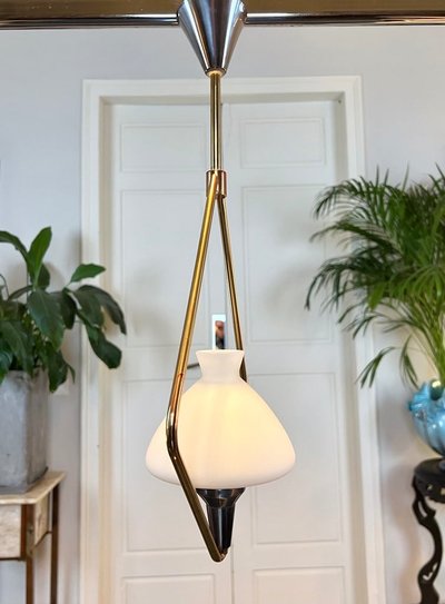 Lampada a sospensione vintage in metallo e opalina - Lustre Lampe 20e Siècle