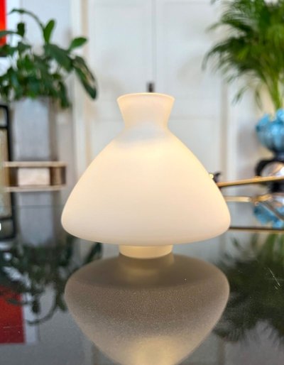 Lampada a sospensione vintage in metallo e opalina - Lustre Lampe 20e Siècle
