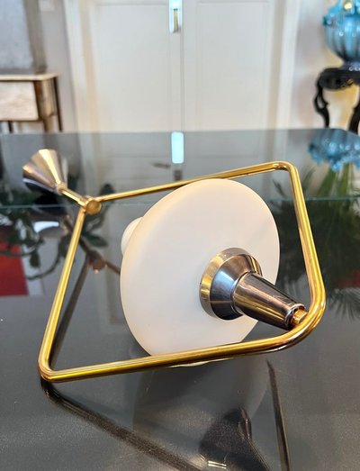 Lampada a sospensione vintage in metallo e opalina - Lustre Lampe 20e Siècle