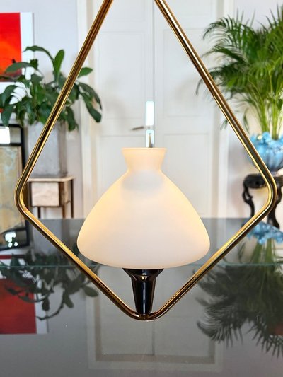 Lampada a sospensione vintage in metallo e opalina - Lustre Lampe 20e Siècle