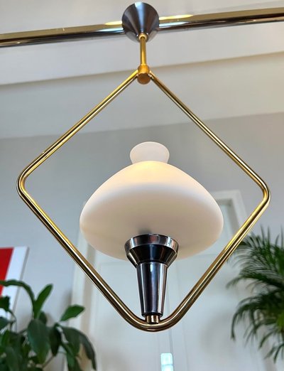 Lampada a sospensione vintage in metallo e opalina - Lustre Lampe 20e Siècle