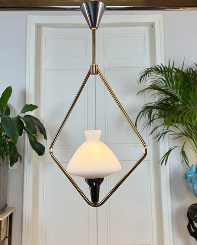 Lampada a sospensione vintage in metallo e opalina - Lustre Lampe 20e Siècle