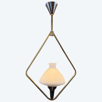 Lampada a sospensione vintage in metallo e opalina - Lustre Lampe 20e Siècle