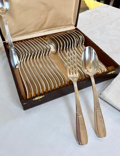 Coffret De 24 Pièces En Métal Blanc Alfénide - Art Deco Flatware