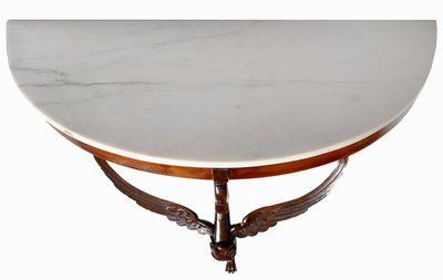 Pair of antique half-moon wall consoles in mahogany feather. Naples, 19th century.