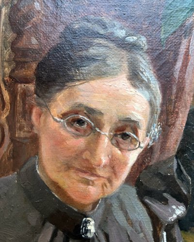 Tableau HST "Portrait de famille : la brodeuse" signé Marolles (XIX° siècle)