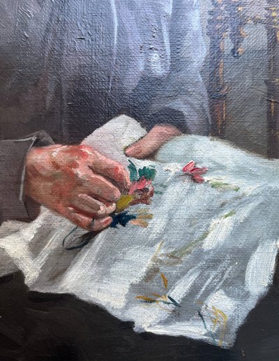 Tableau HST "Portrait de famille : la brodeuse" signé Marolles (XIX° siècle)