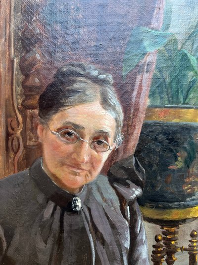 Tableau HST "Portrait de famille : la brodeuse" signé Marolles (XIX° siècle)