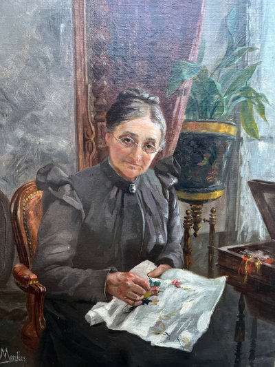 Tableau HST "Portrait de famille : la brodeuse" signé Marolles (XIX° siècle)