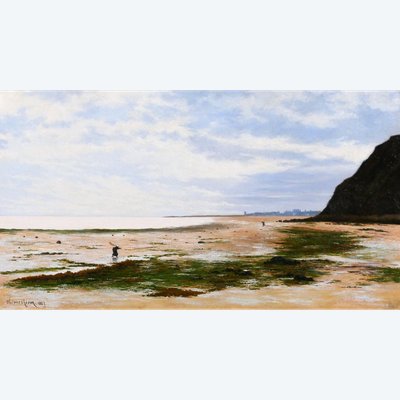 Olivier CHERON 1854-1935 Arromanches, paysage, effet du matin, tableau, Salon 1887, Normandie