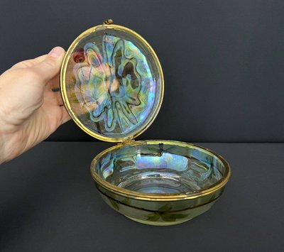 Antique Opalescent Glass Box - Hand-Painted Cherry Decor - Art Nouveau Style