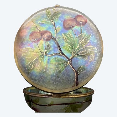 Antique Opalescent Glass Box - Hand-Painted Cherry Decor - Art Nouveau Style