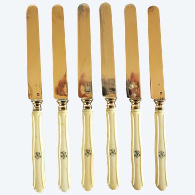 6 coltelli da frutta del periodo Napoleone III, lama in argento dorato, manico in avorio - marchio Minerva