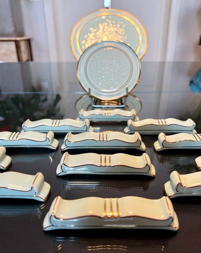 Coffret Porte-couteaux - Dessous Plat - Paire Dessous Bouteille Art Déco En Porcelaine