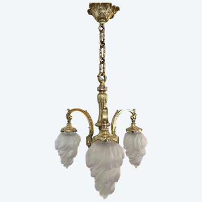 Lustre En Bronze Inspiration Louis XVI - Globes Verre Dépoli - Fin XIXe Début XXe Siècle