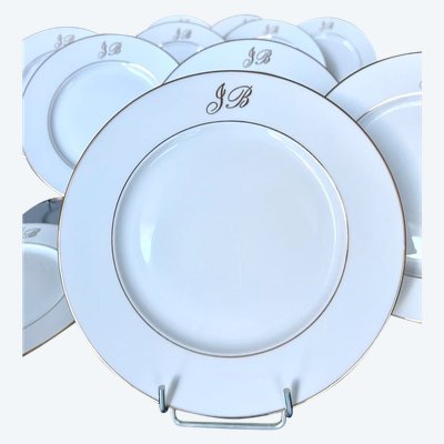 11 Assiettes à Dessert En Porcelaine De Limoges - Filets Or Monogrammes