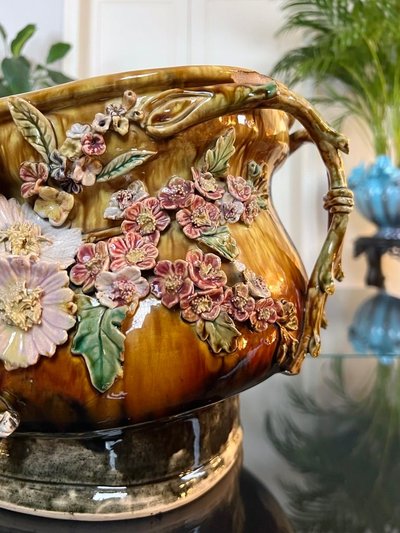 Jardinière En Barbotine Style 1900 - Cache-pot Faïence