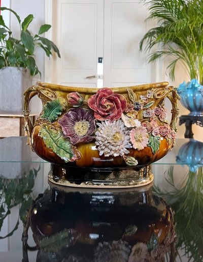 Jardinière En Barbotine Style 1900 - Cache-pot Faïence
