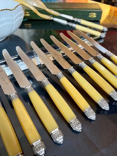Entremet And Salad Serving Knives In Silver Horn And Metal Art Deco Service
