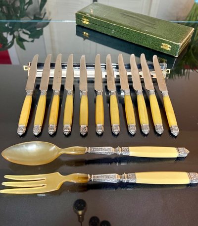 Entremet And Salad Serving Knives In Silver Horn And Metal Art Deco Service