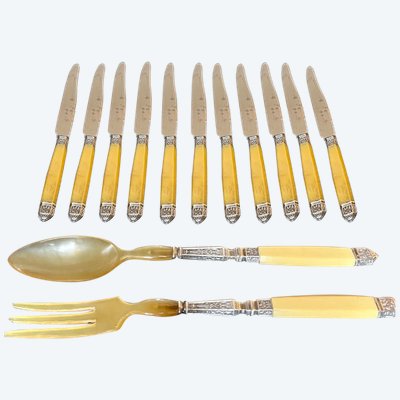 Entremet And Salad Serving Knives In Silver Horn And Metal Art Deco Service