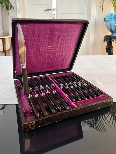 Set di 12 coltelli da tavola e 12 da dessert - Metallo argentato ebano