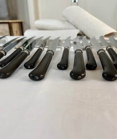 Set di 12 coltelli da tavola e 12 da dessert - Metallo argentato ebano