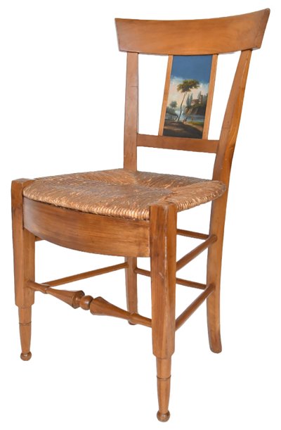 Pair of chairs with barrette backs and bands painted with animated landscapes