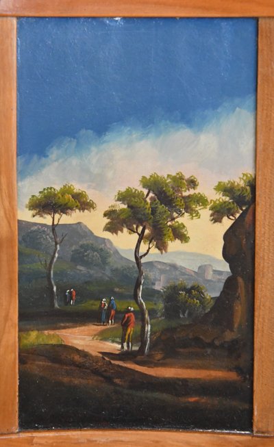 Pair of chairs with barrette backs and bands painted with animated landscapes