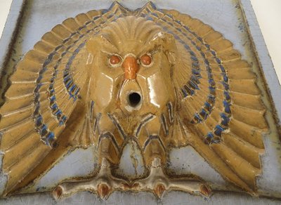 Head Plaque Wall Fountain Glazed Stoneware Owl Bird Art Deco 20th Century