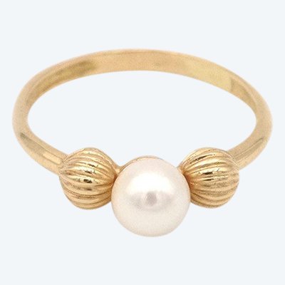 Anello con perla solitaria in oro 18k, anello vintage con perla coltivata da 5 mm, gioielli usati 