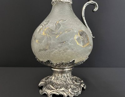 Art Nouveau ewer attributed to Daum Nancy – Silver-plated metal frame, goldsmith Gaston Potiez
