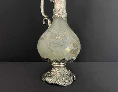 Art Nouveau ewer attributed to Daum Nancy – Silver-plated metal frame, goldsmith Gaston Potiez