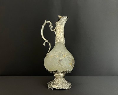 Art Nouveau ewer attributed to Daum Nancy – Silver-plated metal frame, goldsmith Gaston Potiez