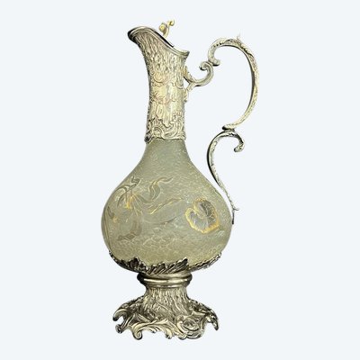 Art Nouveau ewer attributed to Daum Nancy – Silver-plated metal frame, goldsmith Gaston Potiez