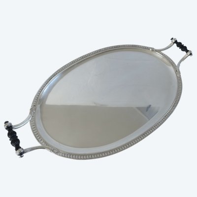 Large Empire style serving tray in silver plated metal and ebony