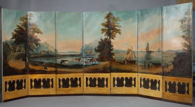 SEVEN-LEAF FOLDING SCREEN IN PAINTED CANVAS, FRENCH WORK, CIRCA 1830