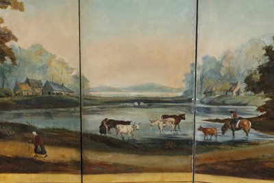SEVEN-LEAF FOLDING SCREEN IN PAINTED CANVAS, FRENCH WORK, CIRCA 1830