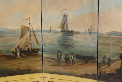 SEVEN-LEAF FOLDING SCREEN IN PAINTED CANVAS, FRENCH WORK, CIRCA 1830