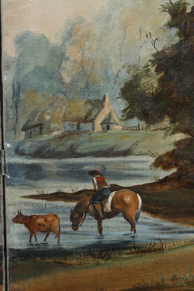 SEVEN-LEAF FOLDING SCREEN IN PAINTED CANVAS, FRENCH WORK, CIRCA 1830