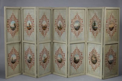 SEVEN-LEAF FOLDING SCREEN IN PAINTED CANVAS, FRENCH WORK, CIRCA 1830
